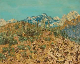 1081
Jae Carmichael
(1925-2005)
Desert landscape
Oil on Masonite
Signed in pencil on the frame's verso: Jae Carmichael
22" H x 27.5" W
Estimate: $300 - $500