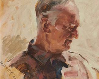 1133
Maurice Logan
(1886-1977)
Self-portrait, circa 1963
Oil on board
Signed lower left: Maurice Logan; dated and inscribed verso: "Jean- / Your 40th / with love / Dad, / 63"
14.25" H x 11" W
Estimate: $300 - $500
