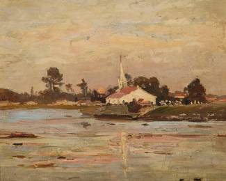 1039
Frits Thaulow
(1847-1906)
Landscape with a church by a lake
Oil on panel
Signed lower right: Frits Thaulow
7.875" H x 9.875" W
Estimate: $600 - $800