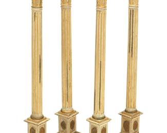 1363
Four Neoclassical carved wood columns
19th century or later
The parcel-gilt and white painted wood pedestals, each with columnar standard, foliate motif capital, and squared architectural base with foliate medallions
4 pieces
Each: 41.25" H x 6" W x 6" D
Estimate: $500 - $700