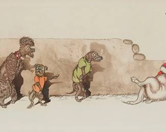 1221
Boris O'Klein
(1893-1985)
"W.C. Privé!" from the "Dirty Dogs of Paris" series
Etching with hand-coloring on wove paper
From the edition of unknown size and date
Signed and titled in pencil in the lower margin, possibly by the artist's grandson: O' Klein
Plate: 6.5" H x 17.125" W; Sight: 7.5" H x 18" W
Estimate: $200 - $300