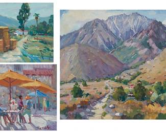 1057
Silvio Silvestri (1948-2018)
Three works:

Countryside landscape
Oil on canvas laid to artist's panel
Signed lower left: Silvestri
9" H x 11.875" W

"San Jacinto"
Oil on canvasboard
Signed lower right: Silvestri; signed again and titled verso
16" H x 20" W

"La Quinta Coffee Shop"
Oil on canvas laid to artist's panel
Signed lower right: Silvestri; signed again and titled verso
9" H x 12" W
Estimate: $300 - $500