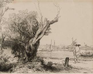 1214
Charles Amand-Durand
(1831-1905)
"The Omval," after Rembrandt, late 19th century or after
Heliogravure on laid paper
From the edition of unknown size and date, likely printed 1978 or after
With Rembrants' signature and the date of the original composition showing in the plate at lower right: "Rembrandt 1645;" and the later identifying text, "Heliog et imp., A. Durand, Paris," printed in the plate at lower center
Image: 7.125" H (croped) x 8.75" W; Plate: 7.375" H (cropped) x 9.5" W; Sheet: 8" H x 10" W
Estimate: $300 - $500