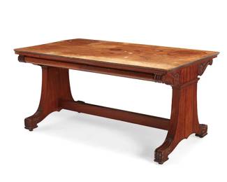 1362
A Regency-style oak refectory table
20th century
The wood table raised on trestle supports, each side ornamented with carved foliate roundels, egg and dart trimming, and foliate accented feet, featuring two drawers on each long side
29.75" H x 60" W x 36.25" D
Estimate: $500 - $700