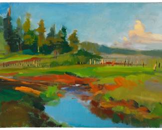 1036
20th Century American School
"Sprucedale Ranch" (Arizona), 1993
Oil on canvas
Signed indistinctly, titled, and dated verso: Ca******* '93; titled again in pencil, in another hand, verso
12" H x 16" W
Estimate: $50 - $100