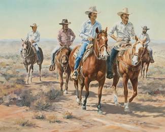 1083
Lorna Dillon
(b. 1940)
"Comin' to Town...," 1987
Oil on canvas
Signed and dated lower left: © Lorna Dillon / '87; signed and dated again, titled, and inscribed on the stretcher: "Painted especially for Arnold & Jane, April, 1987"
14" H x 18" W
Estimate: $200 - $300