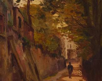 1163
20th Century French School
Figure walking down a path
Oil on panel
Signed indistinctly lower right
8.75" H x 6.125" W
Estimate: $200 - $300