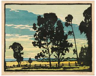 1225
William Seltzer Rice
(1873-1963)
"Sunset Eucalyptus"
Woodcut in colors on paper
From the edition of unknown size and date
Signed and titled in pencil in the lower margin: W.S. Rice
Image: 7" H x 9" W; Sight: 7.625" H x 9.625" W
Estimate: $800 - $1,200