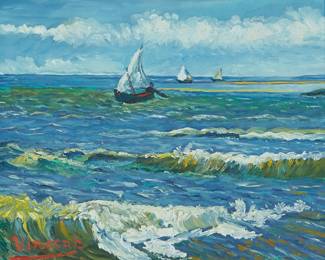 1148
Paul Saltarelli
(1955-2019)
"Seascape (1888)," after Vincent Van Gogh, 1998
Miniature oil on board
With the artist's signature, title, dates of the miniature and the original work, and inscribed in ink, all on the frame's backing paper: Paul Saltarelli / 1888 / -1998- / "after Vincent Van Gogh"
2.25" H x 2.75" W
Estimate: $200 - $300