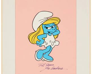 1339
Smurfs memorabilia, including original production animation cels and original artwork
This group comprises a Smurfette animation cel signed by Bill Hanna and Joe Barbera, co-founders of Hanna-Barbera and producers of the Smurfs television series, together with three original ink drawings of Smurf characters by Pierre Culliford ("Peyo"), the Belgian cartoonist and creator of the Smurfs, each signed. Also included are additional production materials, such as unsigned animation cels featuring Papa Smurf, Mordain (the evil wizard), and other Smurf characters, along with various sheets of original working drawings related to the series
Sight of the signed Smurfette animation cel: 9.5" H x 7.5" W; Sheet for most of the original drawings: 10.5" H x 12.5" W
Estimate: $300 - $500