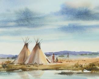 1089
Howard Rees
(b. 1941)
Landscape with teepees
Watercolor on paper
Signed lower left: Howard Rees
Sight: 13.75" H x 19.5" W
Estimate: $200 - $300