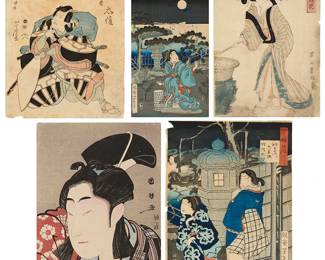 1230
Five Japanese woodcuts by various artists
Two works by Utagawa Kunisada (Toyokuni III) (1786-1865), one work by Utagawa Kunimasa (1773-1810), and three works by unidentified artists
Each: Woodcut in colors on paper laid to paper (one work is paper laid to thin paperboard)
Each: From the edition of unknown size and date
Each: With black ink signatures and various Japanese characters
Smallest sheet: 13.375" H x 8.75" W; Largest sheet: 15.125" H x 9.875" W
Estimate: $300 - $500