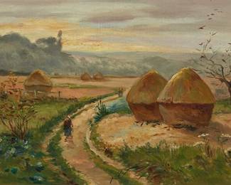 1167
Early 20th Century French School
French landscape with haystacks
Oil on canvas backed with board
Indistinctly signed lower right: A. Dre**on
13" H x 21.625" W
Estimate: $300 - $500