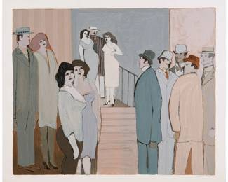 1127
David Schneuer
(1905-1987)
"On the Stairs"
Screenprint in colors on Arches paper
Edition: 50/300 (there were also 25 artist's proofs)
Signed and numbered in pencil in the lower margin: Schneuer
Image: 26" H x 31.5" W; Sheet: 29.25" H x 34.75" W
Estimate: $150 - $250