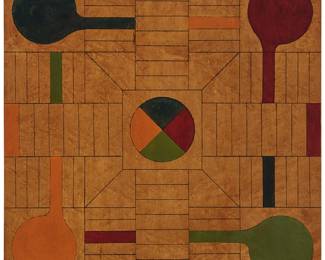 1443
A Folk Art burlwood Parcheesi game board
20th century
Hand-painted burlwood veneered board
24" H x 24" W x 0.25" D
Estimate: $400 - $600