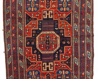 1417
A Caucasian rug
20th century
Inscribed in the weaving
Wool on wool foundation
5' 2" L x 3' 9" W
Estimate: $250 - $350
