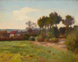 1034
Richard Norris Brooke
(1847-1920)
Landscape with cottage and trees
Oil on canvas laid to canvas
Initialed lower right: R.N.B.
10.75" H x 14" W
Estimate: $300 - $500