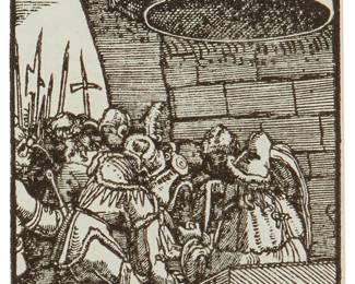 1207
Albrecht Altdorfer
(1480-1538)
"Pilate Washes His Hands," from "The Fall and Salvation of Mankind Through the Life and Passion of Christ," circa 1513
Woodcut on laid paper
Artist's initials in the block at lower center: AA
Sheet: 2.875" H x 1.875" W
Estimate: $200 - $300