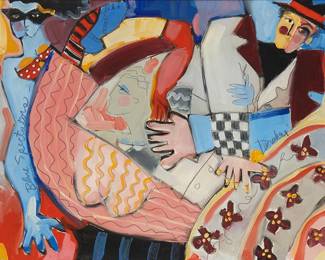 1328
Kathy Donahey
(b. 1942)
"Blue Spectators"
Oil on canvas
Signed and titled along the right and left edges, respectively: Donahey
24" H x 30" W
Estimate: $200 - $300