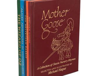 1455
A group of Easton Press children's hardcover books
Each illustrated by Michael Hague (b. 1948)
Five works:

Baum, L. Frank. "The Wizard of Oz." 1982

Williams, Margery. "The Velveteen Rabbit, or How Toys Become Real." 1983

"Mother Goose: A Collection of Classic Nursery Rhymes." 1984

Carroll, Lewis. "Alice's Adventures in Wonderland." 1985

"Aesop's Fables." 1985

5 pieces
Overall stacked: 10.25" H x 8.25" W x 3" D
Estimate: $200 - $300