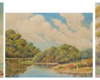 1074
Roger Scott
(1898-1976)
Three landscapes
Each: Oil on canvas
Each signed either lower left or right: Roger Scott
3 pieces
Each: 8" H x 6" W (or reverse)
Estimate: $200 - $300