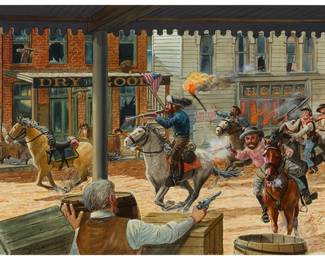 1084
E. S. Hammack
(1905-1969)
"Quantrill's Raiders," circa 1950s
Watercolor on paper
Signed lower left: E.S. Hammack; titled on a label affixed to the frame's backing paper
Sight: 11" H x 14.75" W
Estimate: $300 - $500