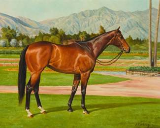 1187
Donald R. Schwartz
(1931-2010)
"Fast and Lucky," 1976
Oil on Masonite
Signed and dated lower right: D.R. Schwartz 76; inscribed in blue ink, verso: "Fast & Lucky - 1974 / Winner of 8 races in a row / Dam of Kanewah - 1987 / Six times stakes-placed / owned by / Dr. & Mrs. Max Pagrons / Artist / Donald Schwartz"; titled on the frame plaque
22" H x 28" W
Estimate: $500 - $700