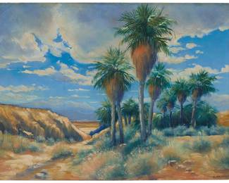 1079
20th Century California School
"Palm Springs"
Oil on artist's board
Signed lower right: L. Kellogg; titled on the artist's board, verso
12" H x 16" W
Estimate: $300 - $500

