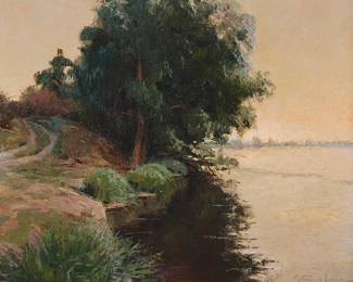 1037
Steven Lee Adams
(b. 1962)
"Riverbank at Dusk (Loire River, France)," 2006
Oil on canvas
Signed lower right: S. Lee Adams; signed again, titled, dated "2006", and inscribed, all in ink, verso
20" H x 24" W
Estimate: $1,000 - $1,500

