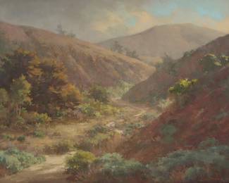 1048
Glenna Hartmann
(1948-2008)
"Canyon Trail, Big Sur," 2006
Pastel on paper
Signed lower right: Hartmann; signed again, titled, and dated in white pencil on the frame's backing paper
Sight: 15.5" H x 19.5" W
Estimate: $500 - $700
