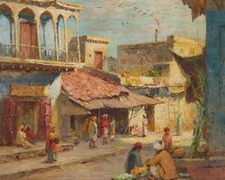 1161
Emma Lampert Cooper
(1855-1920)
"Delhi Fruit Stand - India"
Oil on canvas
Signed lower left: E. Lampert Cooper; signed again and inscribed in ink on a label affixed verso: "Yours very truly. / Emma Lampert Cooper. / (Mrs C.C. Cooper.);" titled on an exhibition label affixed to the stretcher bar
22" H x 18.5" W
Estimate: $600 - $800