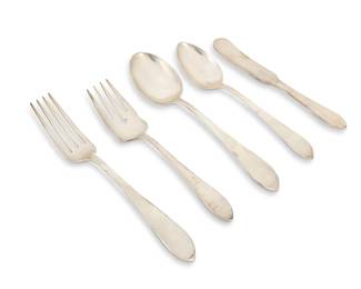 1343
A Cartier sterling silver partial flatware service
Late 20th century
Each marked for Cartier and for sterling
Comprising 5 dinner forks (7.25"), 3 salad forks (6.25"), 6 oval soup spoons (6.75"), 9 teaspoons (6.125"), and 4 butter spreaders (5.75")
27 pieces
33.4 oz. troy approximately
Estimate: $500 - $700
