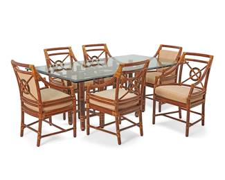 1487
A McGuire bamboo dining table and six 'Target' armchairs
Circa 1970s
Each chair with metal tag: McGuire / San Francisco / Philippines
Comprising a Model MCBA22 bamboo and painted iron dining table with leather bindings, and six 'Target' back armchairs with bamboo and leather frame and chenille textured fabric seat cushion
7 pieces
Base: 28.75" H x 46.25" W x 21.25" D; Glass: 77.5" W x 44" D; Each chair: 36.25" H x 23.5" W x 23" D
Estimate: $700 - $900