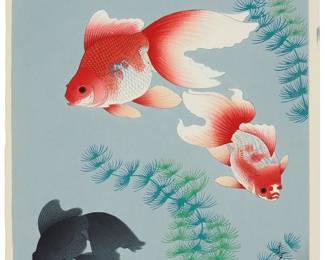 1239
Bakufu Ohno
(1888-1976)
"Goldfish" from the "Great Japanese Fish Pictures" series, 1937
Woodcut in colors on wove paper
From the edition of unknown size and date
Signed "B Ohno" with a Japanese inscription and two red ink seals in the lower right image corner; with red ink stamped inscriptions in the lower portion of the right margin edge
Image: 15" H x 10.25" W; Sheet: 15.875" H x 11" W
Estimate: $200 - $300