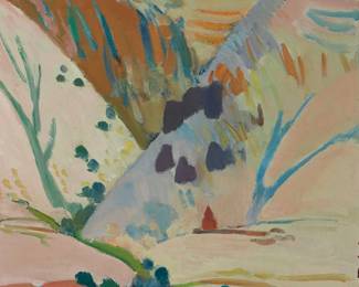 1047
Ara Bekaryan
(1913-1986)
Rolling hills Modernist landscape
Oil on canvas
Signed lower right: Ara Bekaryan
24" H x 29" W
Estimate: $1,000 - $1,500