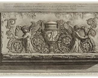 1200
Giovanni Battista Piranesi
(1720-1778)
"Bassorilievo antico di marmo che si vede nel Giardino Aldobrandini," plate 6 from "Vasi, candelabri, cippi, sarcofagi, tripodi, lucerne, ed ornamenti antichi," 1778-80
Etching on paper
From the edition of unknown size and date
With the artist's name and inscription etched in the lower left corner of the plate, outside the image: Cavalier Piranesi del. e inc.; with the title etched along the upper edge, and the plate number etched in the upper right corner, all within the image
Image (not including lower text lines): 15.125" H x 25.5" W; Sight: 16.5" H x 26.5" W
Estimate: $300 - $500
