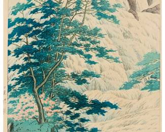 1245
Kawase Hasui
(1883-1957)
"Yudaki Waterfall in Nikko," 1941
Woodcut in colors on paper
From the edition of unknown size, printed 1946-1957
Signed "Hasui" and sealed "sui" in the upper left image; titled in Japanese in the lower portion of the left margin; Watanabe, pub., and with his "6mm" seal in the lower left image
Image: 14.25" H x 9.5" W; Sight: 15.25" H x 10" W
Estimate: $200 - $300