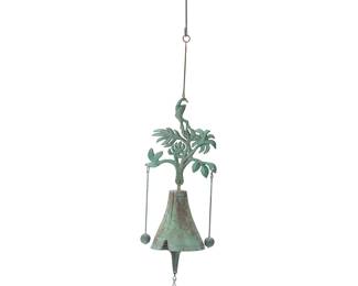 1477
Paolo Soleri (1919-2013)
A Cosanti wind bell, mid/late 20th century; Paradise Valley, AZ
With cast Paolo Soleri cipher
The cast bronze bell with clapper and sheet copper fin, featuring an upper segment depicting a monkey in a tree issuing opposing clappers
Overall: 22.5" H; Bell: 8" H x 5.25" Dia.; Fin: 5.5" H x 5.25" W
Estimate: $400 - $600