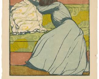 1123
Max Kurzweil
(1867-1916)
"Der Polster," 1903
Woodcut in colors on thin Japanese paper
From the edition of unknown size
Unsigned; published by Gesellschaft für vervielfältigende Kunst, Vienna, Austria
Image: 11.125" H x 10.125" W; Sheet: 15.125" H x 12" W
Estimate: $400 - $600