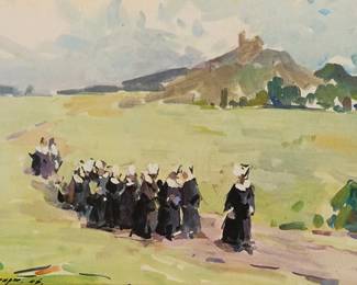 1166
20th Century European school
Nuns walking along a path, 1946
Offset lithograph in colors on paper
From the edition of unknown size
With the printed signature (indistinct) and date lower left
Sight: 5.625" H x 8.25" W
Estimate: $50 - $100
