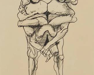 1302
Rico Lebrun
(1900-1964)
One plate from "Drawings for Dante's Inferno," 1963
Lithograph on paper
From the edition of 2000, aside from the edition of 150 pencil signed and numbered
Signed and dated in the stone lower right: Lebrun 63; The Meriden Gravure Company, Meriden, CT, prntr.; Kanthos Press, pub.
Sight: 15" H x 11" W
Estimate: $100 - $200