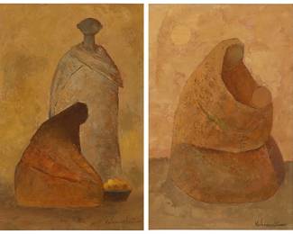 1098
Mid 20th Century Mexican School
Two works:

Two figures
Oil on board
Signed lower right: Valenzuela
11.75" H x 7.75" W

Figure with a baby
Oil on board
Signed lower right: Valenzuela
11.75" H x 7.75" W
Estimate: $100 - $150