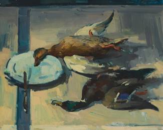 1174
Sergei Bongart
(1918-1985)
Still life of two ducks
Oil on canvas
Signed upper right: Sergei Bongart
30.25" H x 36.25" W
Estimate: $700 - $900