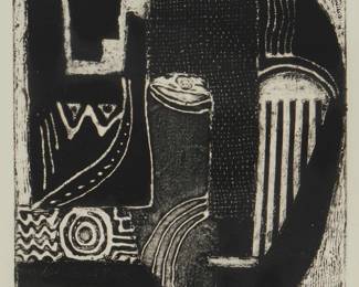 1303
Joseph Muzando
(b. 1953)
"She Lives In My Mind," 1993
Collograph on paper
Edition: 5/10
Signed, titled, dated, numbered, and inscribed "(collograph)," all in pencil in the lower margin: Joseph Muzando / 93
Image: 11.875" H x 10" W; Sight: 13.25" H x 10.875" W
Estimate: $100 - $200
