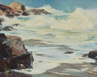1002
Bennett Bradbury
(1914-1991)
"Ante Meridian #2 (Garrapatas)"
Oil on canvas
Signed lower right: Bennett Bradbury; signed again, titled, and numbered "#T-384," all verso
22" H x 30" W
Estimate: $700 - $900