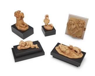 1464
Charles Bragg (1931-2017)
A group of associated patinated resin figures, 1980s
Each signed in the casting: Charles Bragg; some variously dated, each variously numbered
Each depicting various satyrs or whimsical figures, set on a painted wood or composite base
5 pieces
Largest figure: 3.875" H x 3.5" W x 2.5" D; Smallest figure: 3.625" H x 2.125" W x 2.25" D
Estimate: $1,000 - $2,000