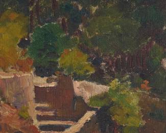 1164
Attributed to Giulio Silva
(1875-1967)
Garden scene with staircase
Oil on canvasboard
Appears unsigned
9" H x 6" W
Estimate: $100 - $200