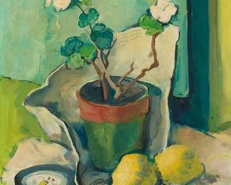 1180
Mid 20th Century American School
Still life with lemons and a pipe
Oil on panel
Signed, partially indistinctly, lower right: S** Tess**
17" H x 13.5" W
Estimate: $100 - $200