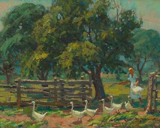 1189
Leo B. Blake
(1887-1976)
Woman feeding ducks
Oil on canvas laid to board
Signed lower right: Leo B. Blake
7" H x 9.25" W
Estimate: $400 - $600