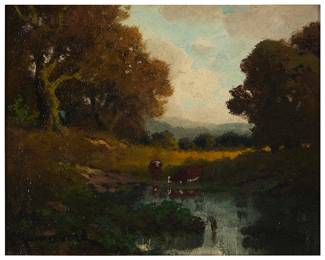 1060
Carl Jonnevold
(1856-1930)
"Late Afternoon," 1910
Oil on canvas
Signed lower left: C. Jonnevold; titled in pencil on the stretcher bar; dated by repute
8" H x 10" W
Estimate: $200 - $300